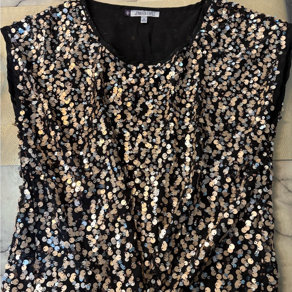 Jennifer Lopez Black and Gold Sequin Blouse